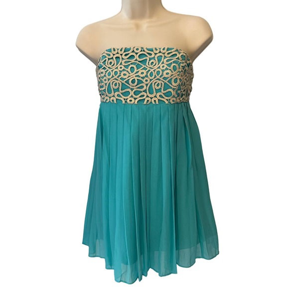Lilly Pulitzer Jillie Strapless‎ Dress in Teal with Cream/Gold Applique Size 4 - Picture 1 of 10